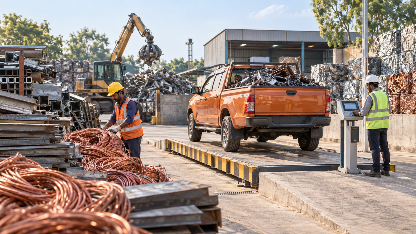 Organised metal recycling yard with a weighbridge, pickup vehicle and trained workers